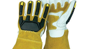 ถุงมือเชื่อมหนังสีดำขาว รุ่น HSI-0018 ยี่ห้อ Holy Signs International บุผ้าฝ้าย ขอบสีเทา เสริมความแข็งแรง นิ้วโป้งตรง สำหรับเชื่อม TIG/MIG - Product Image 5