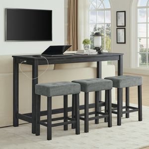 Mesa de Bar con Tomacorrientes de 59 Pulgadas, 3 Taburetes Tapizados, Juego de Mesa y Sillas de Comedor de 4 Piezas para Sala de Estar, Muebles para Oficina en Casa - Product Image 1