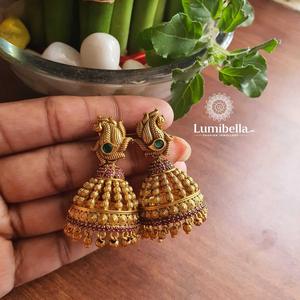 Antique Gold Plated Peacock Jhumka Drop Earrings with Pearl and Zircon - Product Image 1