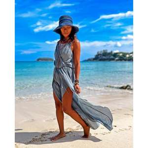 Vestido Maxi Azul Bohemio para Mujer con Abertura Frontal, Sin Mangas, Cintura Ajustable con Cordón, Vestido Largo para Verano, Playa o Resort - Product Image 4