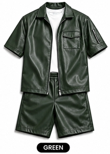 Ensemble chemise et short en cuir PU pour homme, tenue de luxe en similicuir 2 pièces, streetwear d'été, OEM ODM en gros - Product Image 4