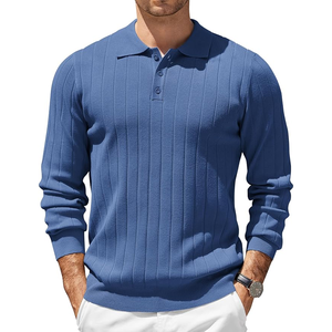 Pull en maille à manches longues pour homme, couleur unie bleu, fermeture boutonnée, pull décontracté pour le printemps - Product Image 2