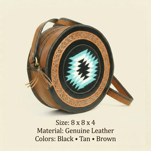 Bolso Bandolera Redondo Estilo Canteen Occidental con Diseño de Alfombra Azteca en Cuero |   Bolso de Hombro Estilo Boho Color Turquesa |   Bolso Tote Chic de Moda para Mujer - Product Image 3