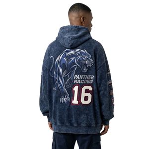 Custom Varsity Number 16 Sleeve Graphics <b>Navy</b> Acid Wash Hoodie Cotton <b>Fleece</b> Retro Sport Streetwear Dark Faded Texture Hoodies - Product Image 2