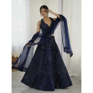 Lehenga Choli de Diseño FB en Azul Marino, Talla M, 1600g, para Fiestas, con Lentejuelas y Bordado Dori - Product Image 1