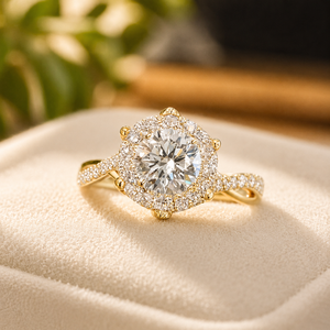 Anillo de compromiso de plata de ley 925 con halo, seis puntas, moissanita, anillo de promesa, diamante de corte redondo, banda trenzada para mujer - Product Image 2