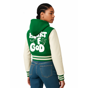 Chaqueta Varsity Corta para Mujer con Capucha, Estilo Bomber, Verde y Blanca, con la Frase "Loved Beyond Measure, Walk By Faith", para Uso Cristiano - Product Image 4