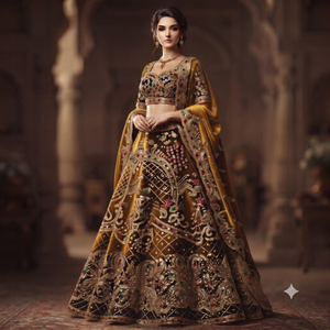 Lehenga Choli de Lujo con Bordado Intenso en Dorado Mostaza y Trabajo Zari para Novias, Ideal para Bodas y Fiestas - Product Image 1