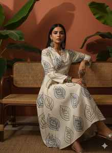 Ensemble 2 pièces Ajrakh vintage d'été pour femme, coupe épaules dénudées, en mousseline de soie crochetée à motif floral, volanté et perlé, coupe midi coupe-vent - Product Image 4