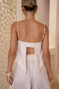 <b>Womens</b> All Seasons Vintage Pleated Blouse Pearl Detail Straps Handkerchief Hem Backless Sleeveless 100% Organic <b>Christmas</b> ODM - Product Image 2