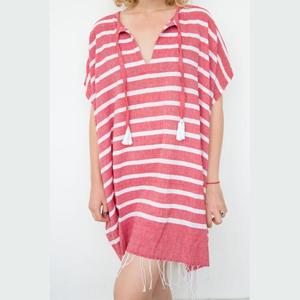 Vestido Kaftán Mini de Playa Tejido con Rayas Bohemias de Algodón Teñido en Hilo, Ecológico, con Cuello en V, Flecos, Transpirable y Asimétrico - Product Image 2