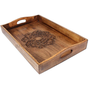 Bandeja de Madera Tallada a Mano de Color Quemado, Diseño Atractivo, Forma Rectangular, de Alta Calidad, para Servir Alimentos, para Compra al por Mayor - Product Image 1