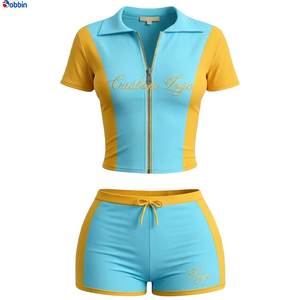 Conjunto deportivo de 2 piezas para mujer, en bloques de color rosa y beige, de moda y gran venta, con top de manga corta con cremallera y logotipo bordado. - Product Image 4