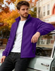 Men's Purple Full Zip <b>Fleece</b> Jacket Stand Collar Casual Windproof Outerwear Regular Fit Autumn Wear - Product Image 3