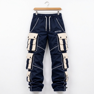 Pantalones Jogger Cargo Azul Marino para Hombre con Bolsillos en Contraste Beige, Cintura con Cordón, Estilo Urbano, Proveedor Mayorista OEM ODM Personalizado - Product Image 5