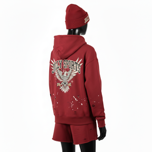 ชุดเซ็ตฮู้ดดี้และกางเกงขาสั้นผ้าฝ้ายผสมขนแกะสีแดงเลือดหมูพิมพ์ลายโลโก้ตามสั่งสำหรับผู้หญิง ผ้าฝ้าย 100% - Product Image 5