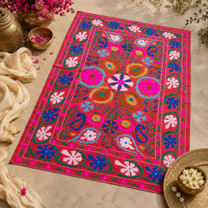 Drap de lit en coton brodé Suzani traditionnel, rouge, multicolore, floral, fait main, style bohème, couvre-lit artisanal indien, décoration ethnique pour la maison - Product Image 5