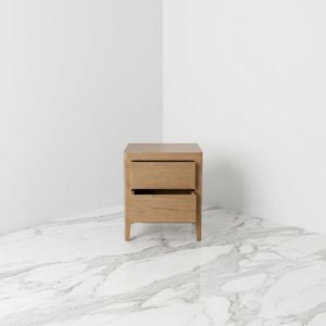 Commode compacte moderne scandinave en teck massif à deux tiroirs, pieds effilés, bois naturel, meuble de chambre à coucher, fabrication usine - Product Image 3