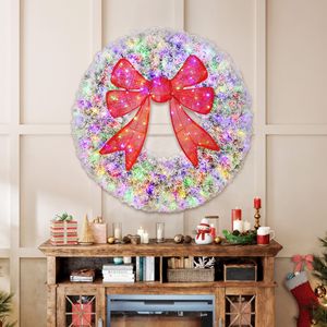 Guirlande de Noël pré-éclairée de 60 pouces avec nœud rouge 3D, 11 modes d'éclairage, télécommande, guirlande de porte d'entrée floquée - Product Image 2