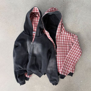 Vestes zippées à carreaux personnalisées de haute qualité, sweats à capuche gaufrés double couche pour hommes, 100 % coton, prix de gros - Product Image 2