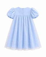 Gaun Pesta Putri Anak Perempuan Mewah Warna Biru Langit dengan Cetakan Glitter, Lengan Mengembang, dan Pita Mutiara 100% Poliester ODM