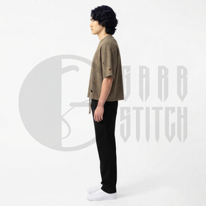 Camiseta Corta Oversize para Hombre, Estilo Desgastado, Color Sólido, Cuello Redondo, Manga Corta, Estilo Urbano, 100% Algodón Jersey, Aspecto Lavado - Product Image 5