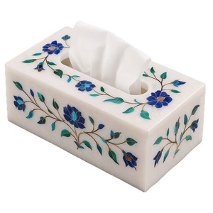 Handcrafted White Marble Tissue <b>Box</b> With <b>Floral</b> Inlay Luxury Wall Mounted Home Decor Accessory - Product Image 2