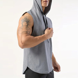 Camiseta sin mangas con capucha para hombre, 100% algodón, cuello en V, con bolsillos, de secado rápido, ecológica, azul sólido, deportiva, estilo musculoso - Product Image 6