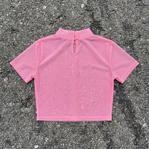 Top corto de malla transparente tejido para mujer con cuello alto, camisa corta transparente de manga corta, tops ligeros de secado rápido para mujer - Product Image 2