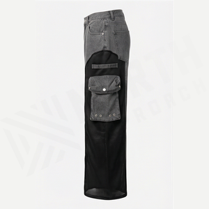 Pantalon cargo en jean taille haute pour homme, coupe ample, délavé gris et noir, style utilitaire patchwork, en coton pour l'automne - Product Image 3
