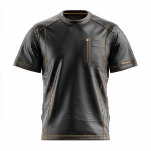 T-shirt pour homme en cuir PU noir à manches courtes, col rond, écologique, anti-UV, respirant, coupe classique - Product Image 2