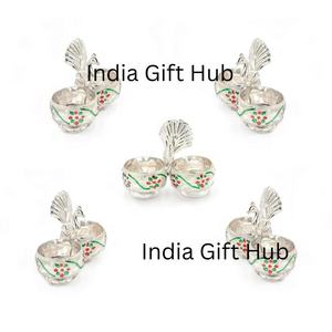 Meenakari Peacock Haldi Kumkum Stand German <b>Silver</b> Peacock Design Tray with Polish Finish for Kumkum and Batla Holder - Product Image 2