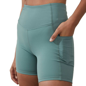 Shorts de Yoga Azules de Cintura Alta con Costuras en Contraste, Diseño Elástico en Cuatro Direcciones, Cintura Elástica, Color Sólido, Ropa Deportiva para Entrenamiento - Product Image 3