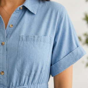 Robe chemise en chambray de maternité, longueur mi-mollet, manches courtes, coupe trapèze ample, respirante, pour femme, idéale pour l'été - Product Image 4