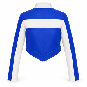 Customized <b>Women</b> Motorcycle <b>Jacket</b> Blue <b>White</b> Stand Collar Full Sleeve PU Leather Zipper Front Logo Print Autumn Windproof - Product Image 2