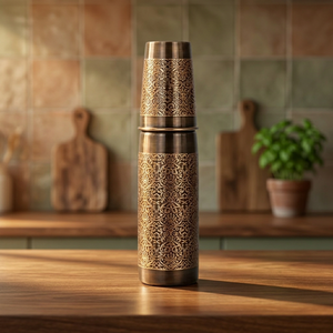 Botella de Agua de Cobre con Patrón Arabesco Vintage y Vaso a Juego, Reutilizable, para Bebidas, Cocina, Oficina, Viajes, Hidratación - Product Image 3