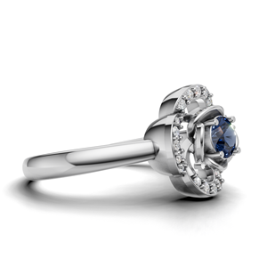Bague de fiançailles de luxe en or blanc/rose et or jaune 18 carats avec saphir bleu floral et pierres précieuses, saphir rond, design de créateur - Product Image 4