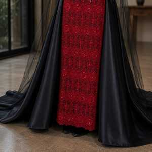 Vestido de Noche Negro y Rojo Bordado, Diseño de Diseñador, Sin Tirantes, Maxi Vestido con Sobre Falda Desmontable de Satén y Velo Largo de Tul, Formal - Product Image 3