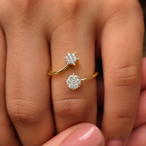 Bague double fleurie en or massif 14K 18K avec diamant de laboratoire taille brillant rond DEF VVS, manchette ouverte, pour anniversaire, OEM ODM Vente en gros - Product Image 2