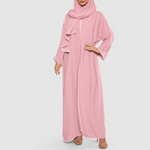 Conjunto de Abaya Informal de Primera Calidad con Pañuelo a Juego, Diseño Abierto, Detalles de Borde Blanco, Cuello en V, Largo hasta el Tobillo, para Uso Diario - Product Image 1