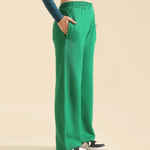 Pantalones Anchos Verdes para Mujer, Cintura Alta, Cierre Elástico, Largos, Casuales, de Punto, de Algodón, Corte Holgado, Color Sólido, Estilo Otoñal - Product Image 4