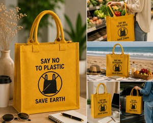Say No To <b>Plastic</b> Jute Shopping Bag Medium Size Yellow Save Earth Eco Friendly Grocery <b>Tote</b> Handle Top - Product Image 3