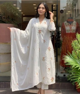 White Slub Cotton Embroidered Indian Pakistani Set <b>Kurta</b> Pyjama with Dupatta Quick Dry <b>Women</b> Ethnic Wear - Product Image 1
