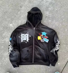 Hoodie surdimensionné en coton épais pour homme, personnalisé par le fabricant, coupe courte, effet usé, style streetwear, avec fermeture éclair brodée, hiver - Product Image 3