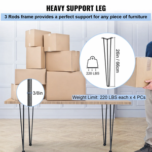 Iron Hairpin <b>Table</b> <b>Legs</b> 3 Robs 880lbs Capacity Metal Furniture <b>Legs</b> with Easy Installation DIY Desk Dining <b>Table</b> 4Pcs EDPTBL012 - Product Image 5