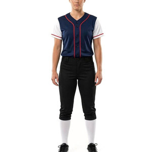 Ensemble uniforme de softball pour femmes : Maillot de baseball rouge avec manches marine et pantalon noir, en polyester respirant, thermocollé sans couture, service OEM - Product Image 2