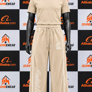 <b>White</b> <b>Men's</b> Wide Leg <b>Pants</b> Elastic Waist Drawstring Casual Breathable Polyester Sport Trousers with Side Stripe and Logo - Product Image 4