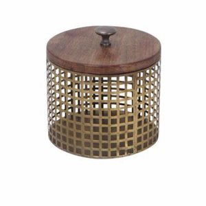 Wholesale Industrial Decorative Metal Mesh Storage <b>Box</b> With Solid Wood Lid Antique Bronze Round Candle Holder Jar For Home Decor - Product Image 1