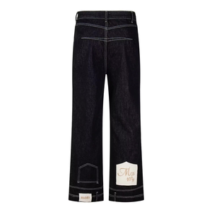 Jeans à jambes larges inversées pour hommes, denim indigo brut de qualité supérieure, surpiqûres contrastées, pantalon baggy streetwear avec patch brodé - Product Image 1