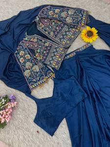 Elegant Modern Navy Blue Crepe Sheath Gown <b>with</b> Embroidered Three Quarter Sleeve <b>Jacket</b> V-Neck Bow Collar Floor-Length Dress - Product Image 6